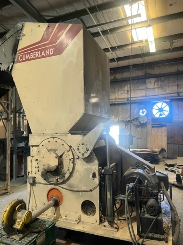 Cumberland #X1400, plastic granulator, 150 HP, solid helical rotor, 10 fly knives, 25' infeed conveyor