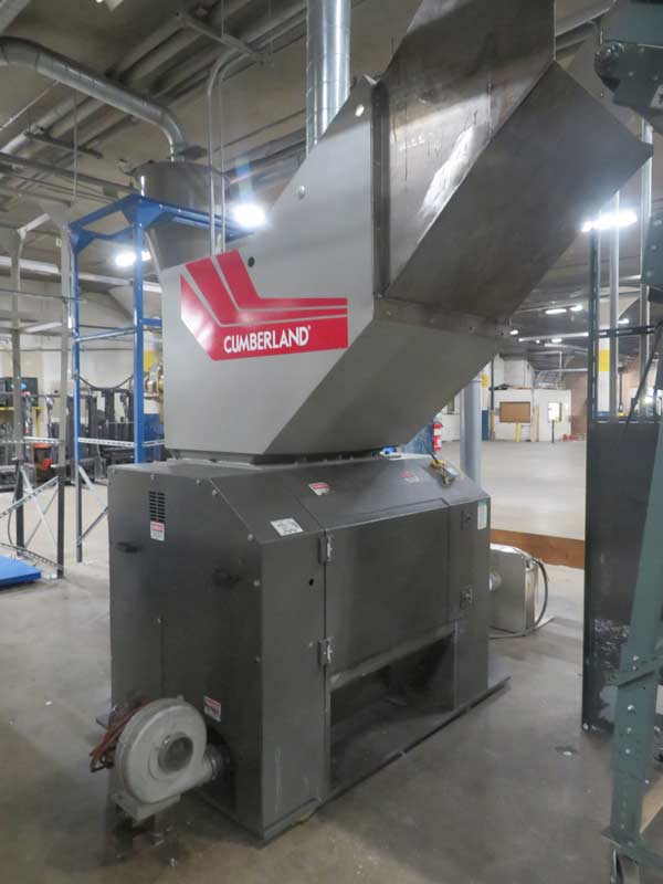 21" x 36" Cumberland #CT5090, plastic granulator, 75 HP, 3 knife twin shear rotor, 2 bed knives, tangential