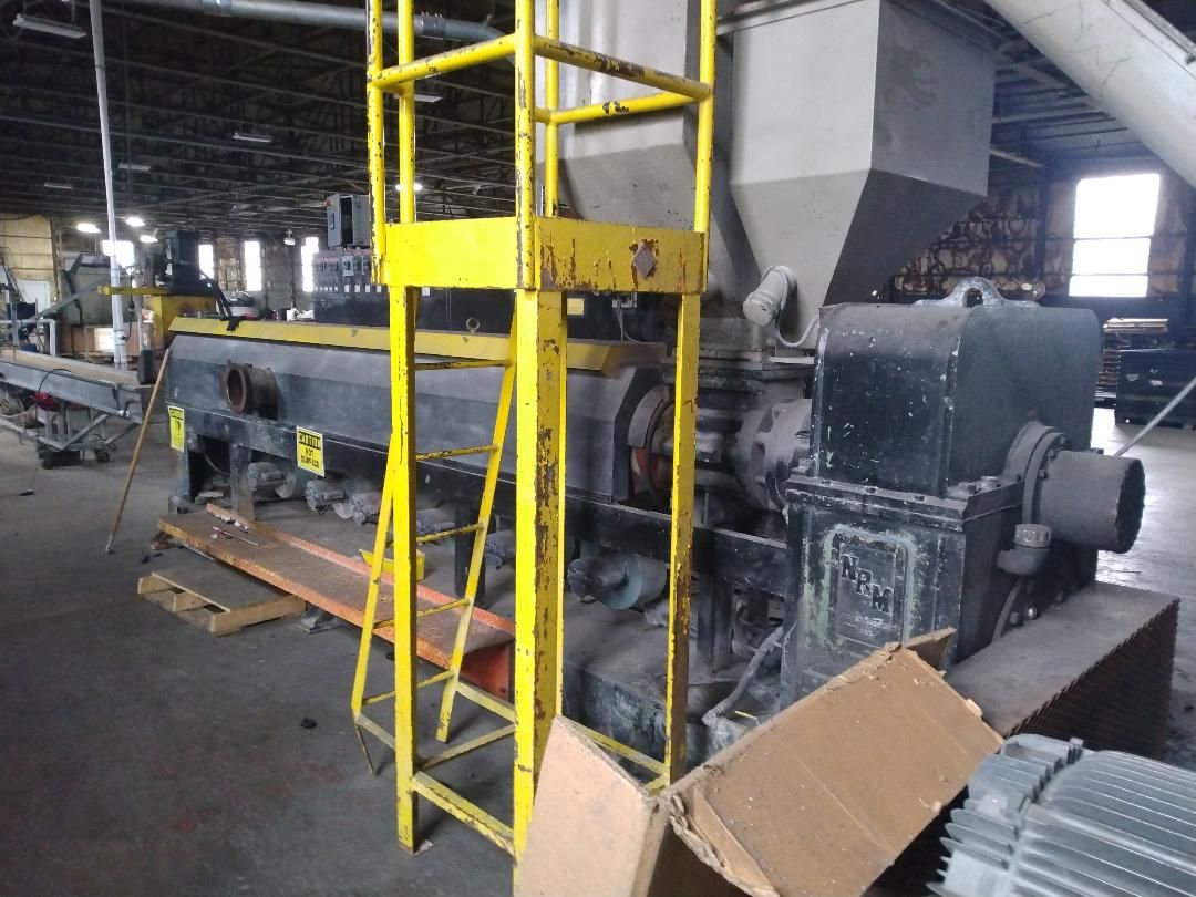 6" NRM #PM70, strand pelletizing line, 125 HP AC, 21 strand die, 6" screen changer, 25' Stainless Steel water