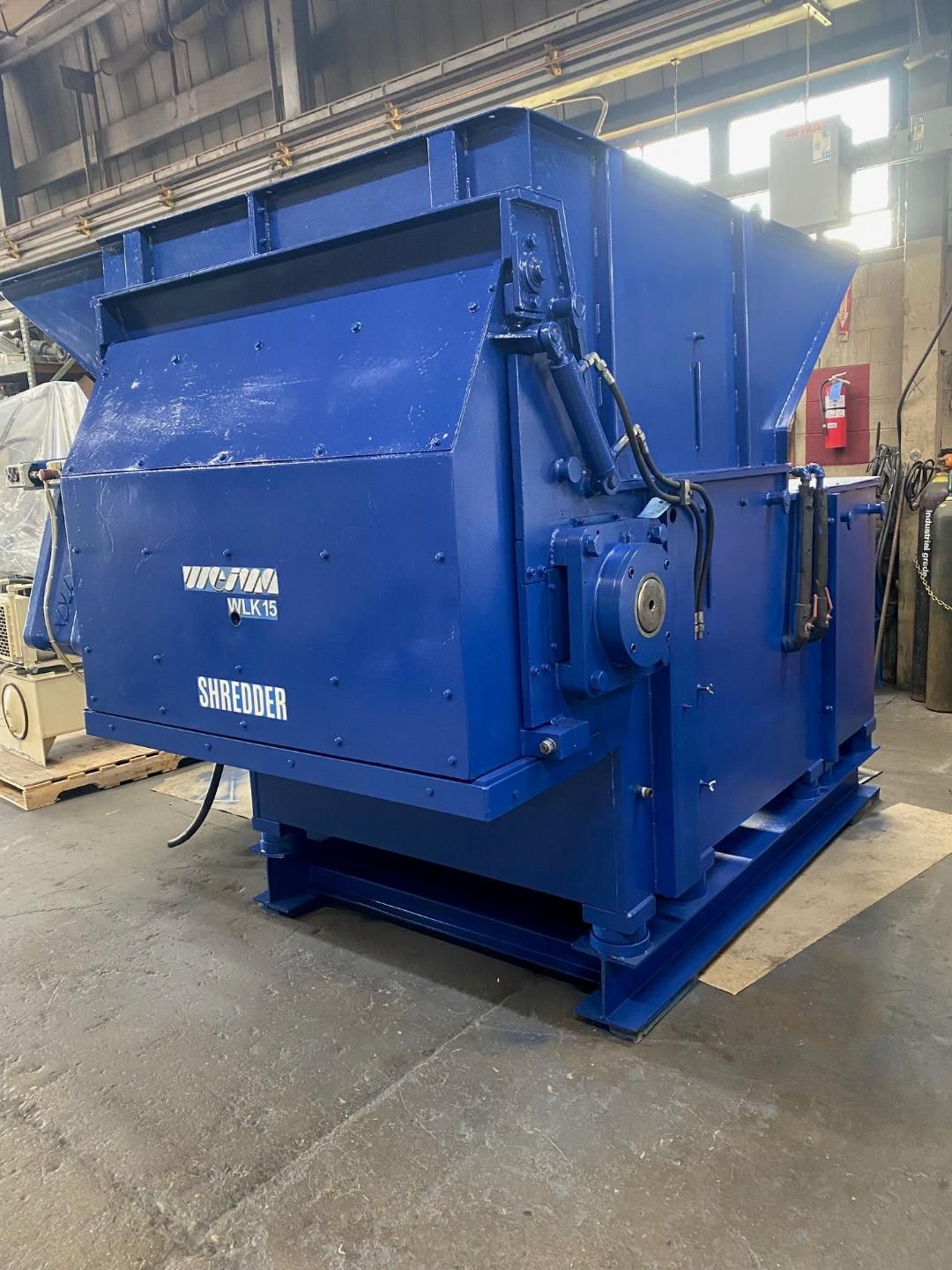 Weima #WLK-15, film & fiber shredder, 59" x 59", 150 HP AC, 15" rotor, 63 cutters, new control panel, 460 V.