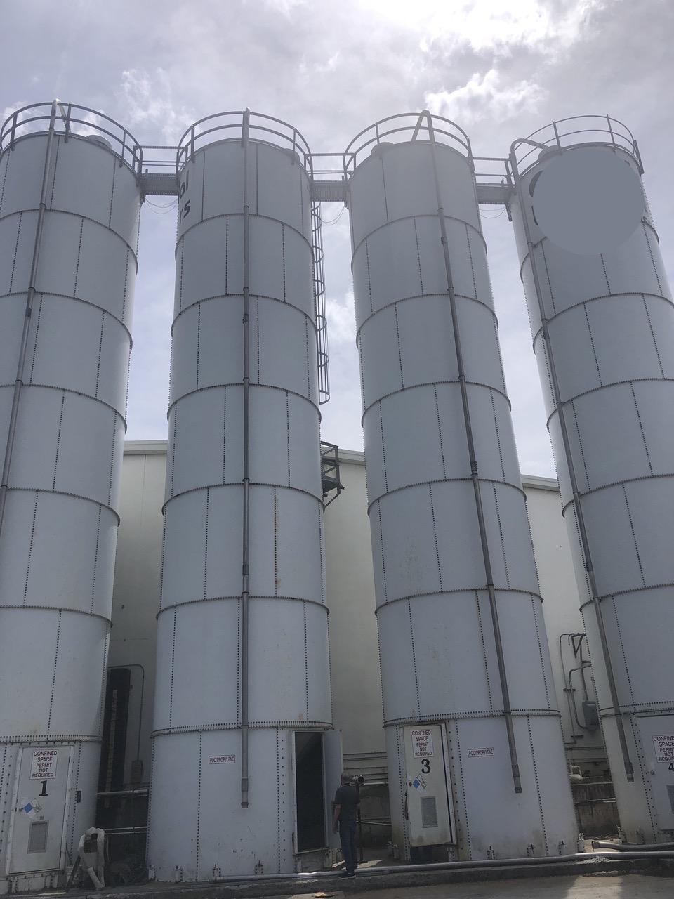 Peabody & Columbian TecTank, polypropylene pellet silos, (4) 12' x 56' 5950-6085 cu. ft., (1) 11' 1" x 30'