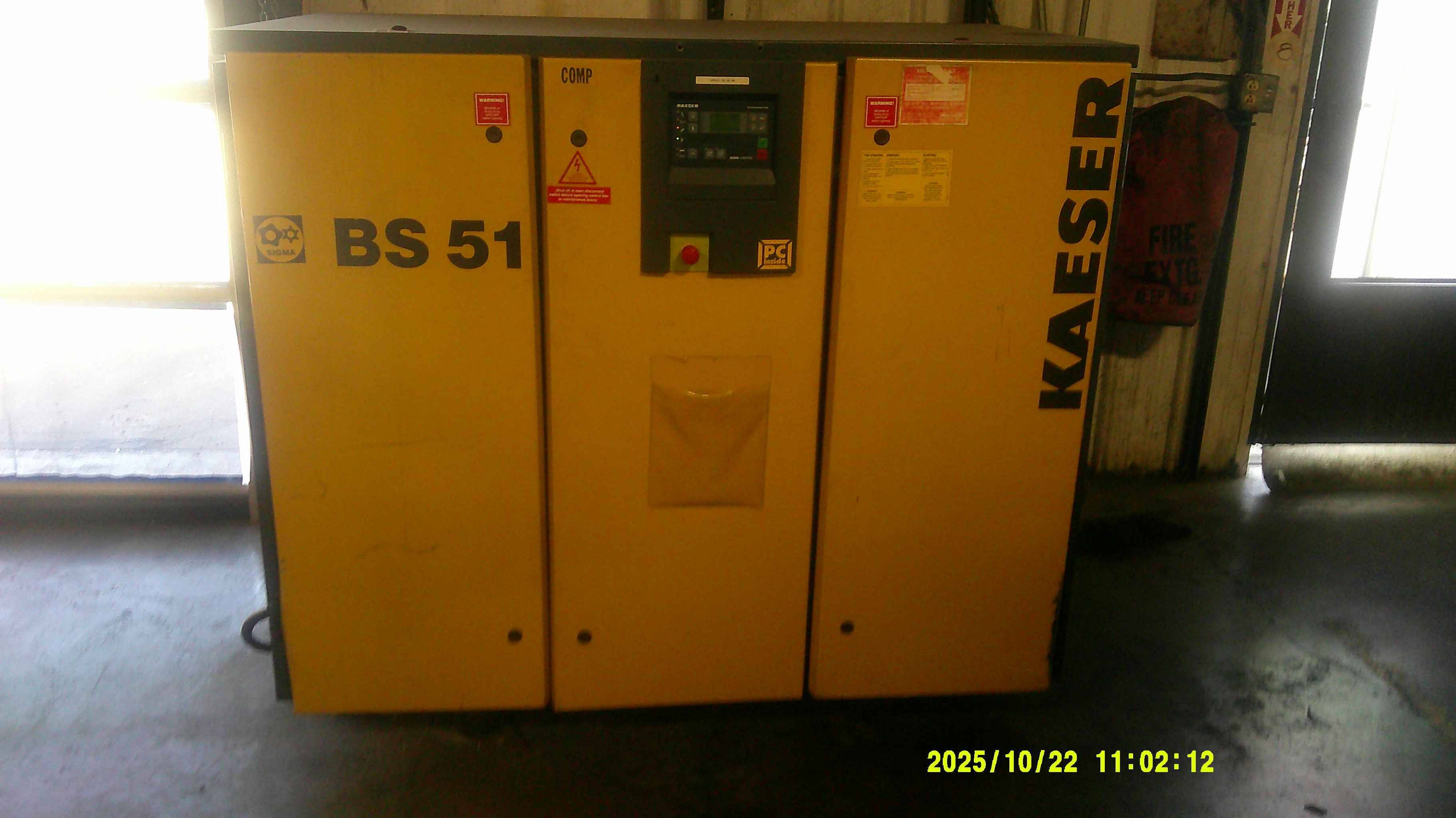 195 CFM, Kaeser #BS-51, rotary screw air compressor, 40 HP, 460 V., 3 Ph., 5947 hours, 1999