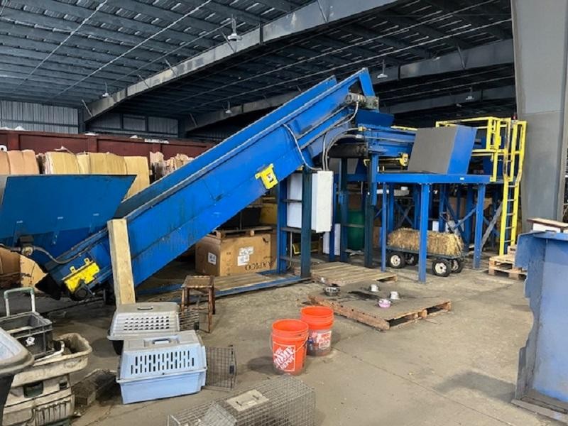Vecoplan, box dumper, infeed conveyor & manual sort line, Ensign 2,500 lb. tipper, 24" conveyors, magnetic