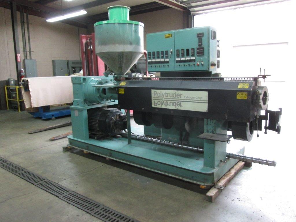 3.5" Polytruder, extruder, 24:1 L/D, air cooled, 75 HP Baldor DC, ABB drive, 11.2:1 gearbox, 2 screws, 5