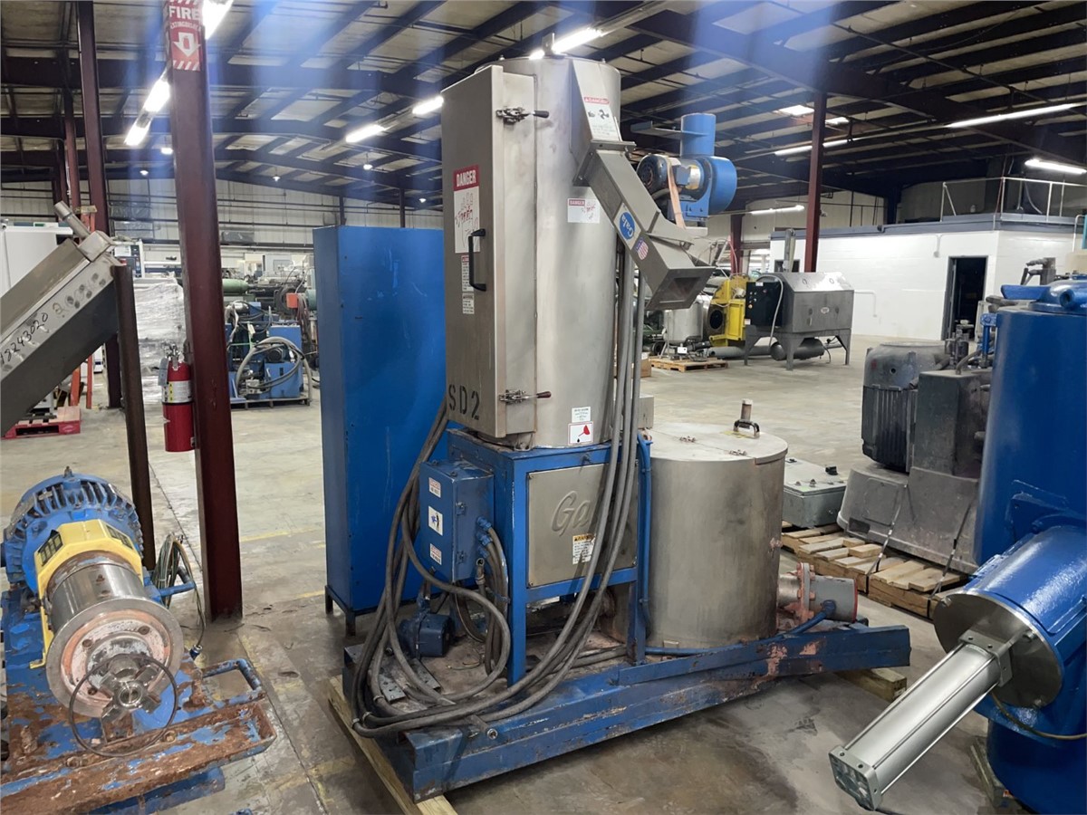 Gala #MUP-6, pelletizing system, 5 HP cutting head, 2008 BF spin dryer, TWS-80 water system, control panel