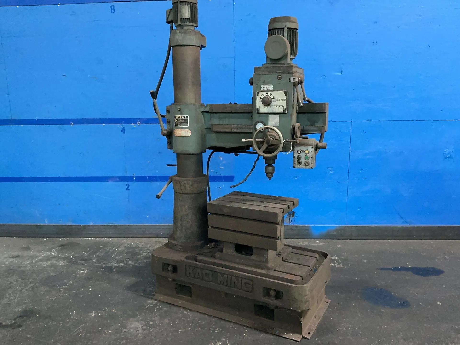 3' -8" Supermax #KMR-700DS, radial arm drill, 16" x 21" table, 2 HP, 220/440 V., 1994