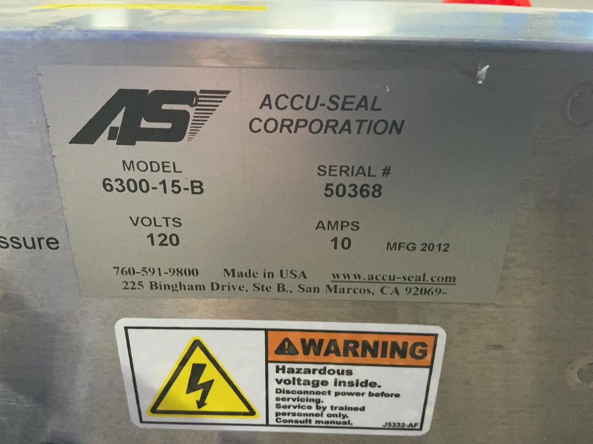 Accu-Seal #6300-15-B, 15" Sealer, 120 V., keys, 2012