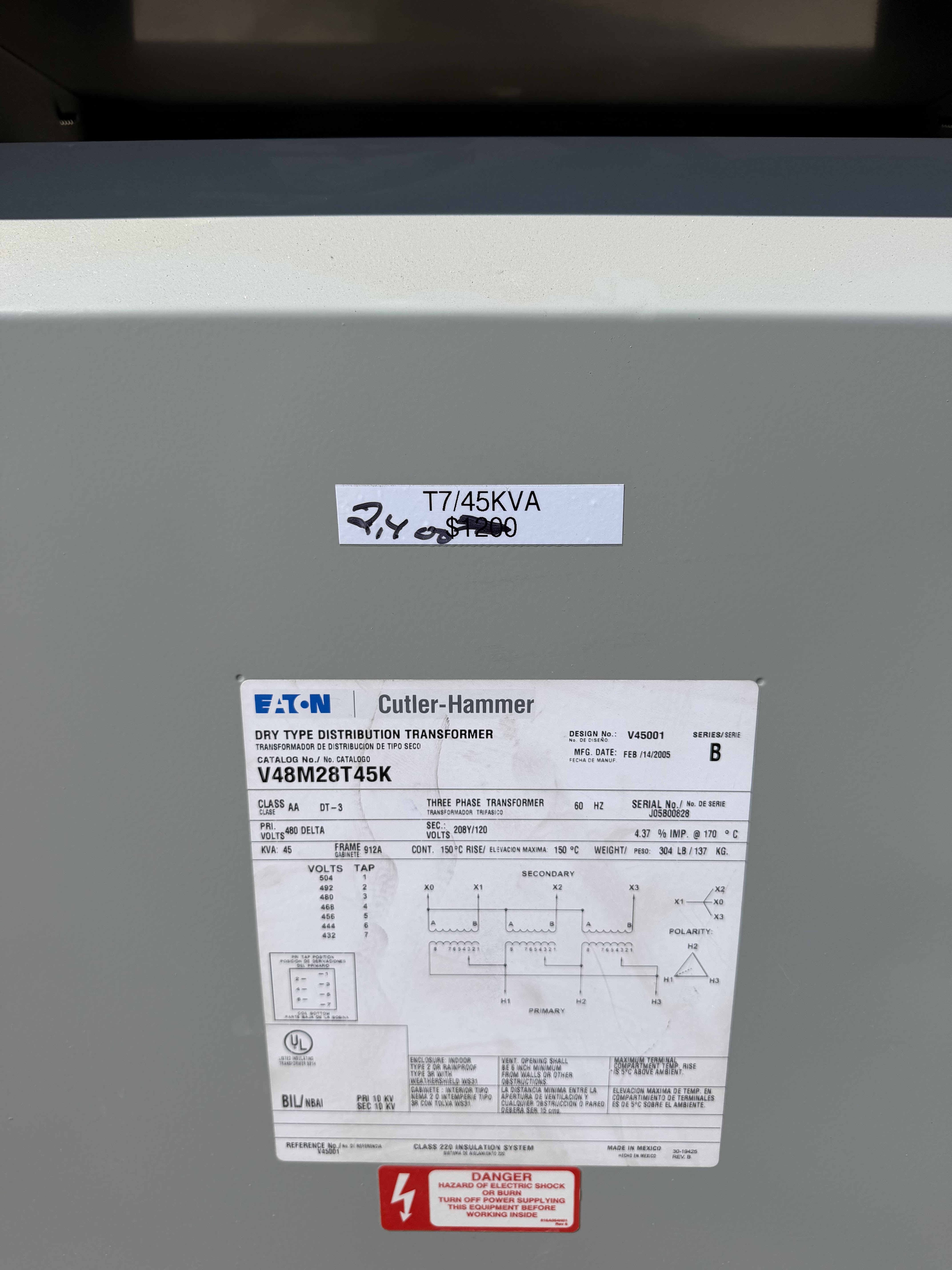 45 KVA 480 Primary, 208Y/120 Secondary