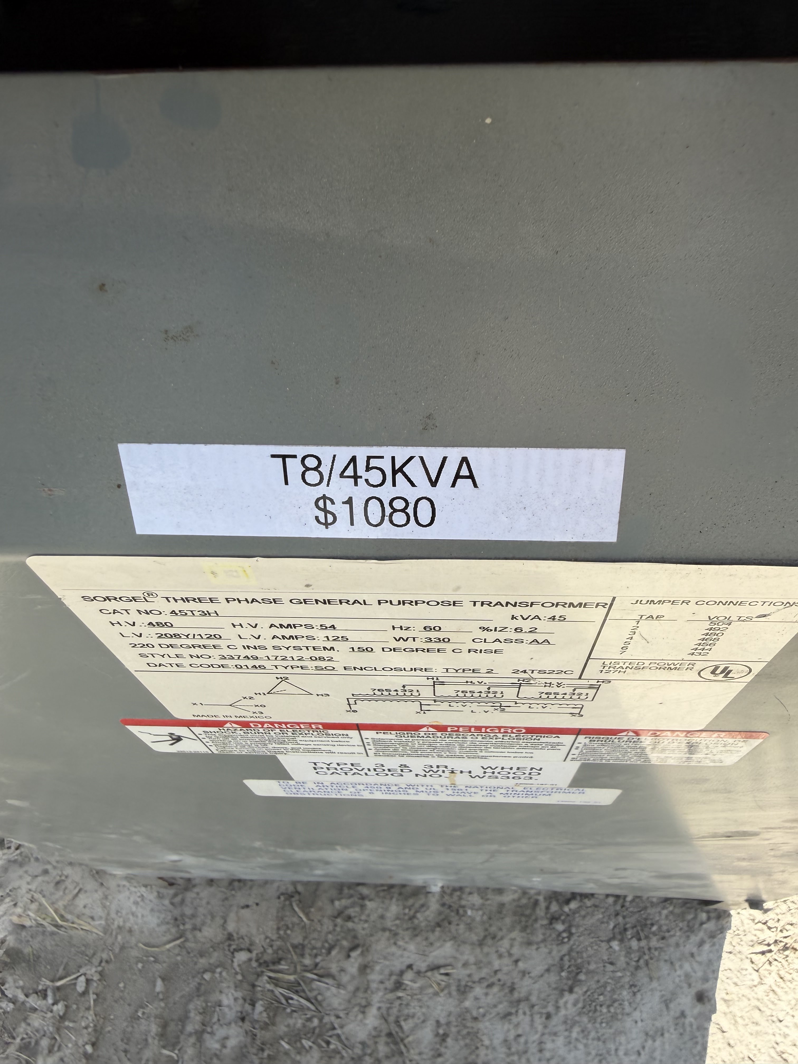 45 KVA 480 Primary, 208Y/120 Secondary, Square D #45T3H, Sorgel Dry Type Transformer, 3 Phase, 60 Hz, 150°C