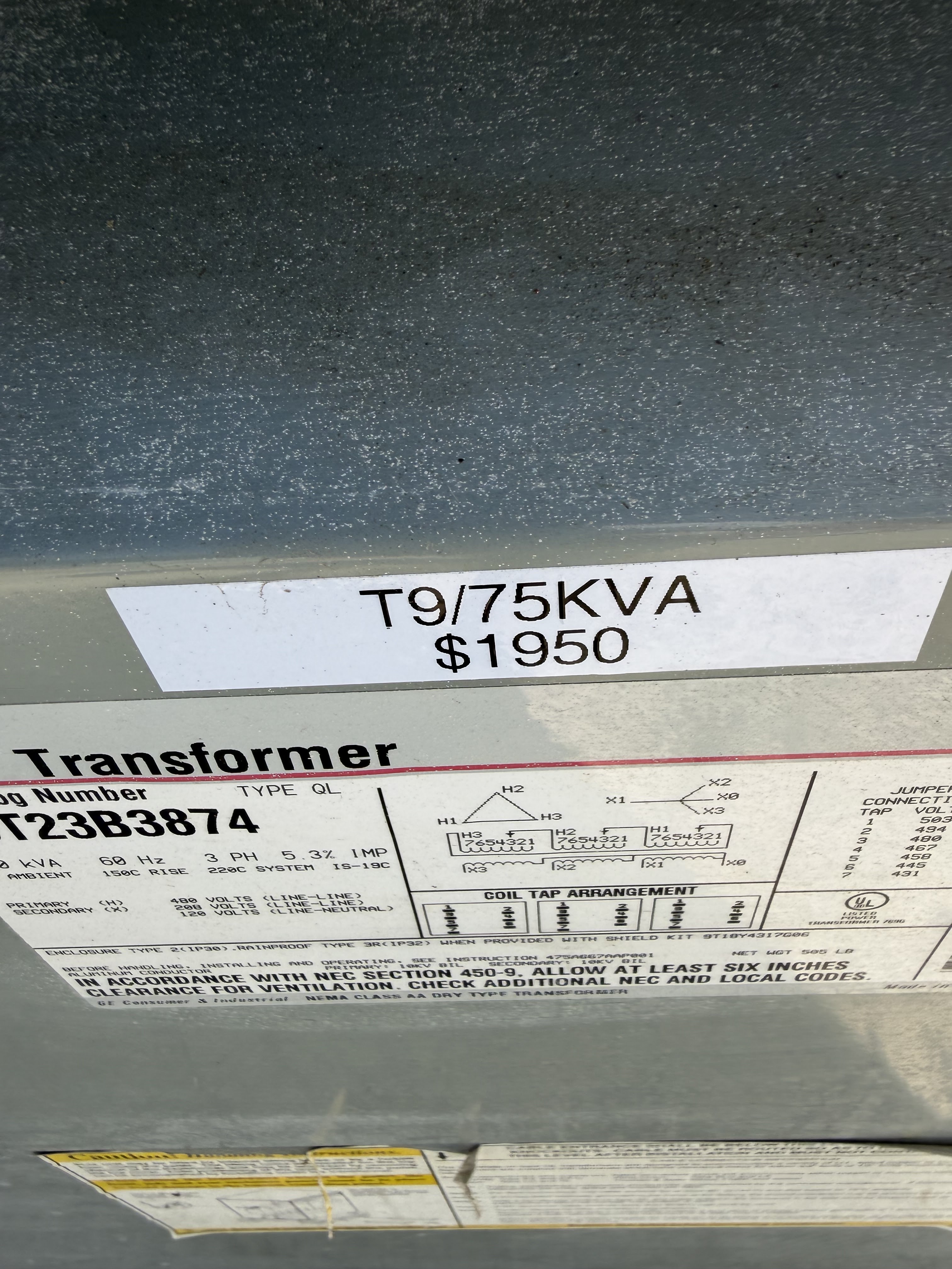 75 KVA 480 Primary, 208Y/120 Secondary, General Electric #9T23B3874, Type QL Dry Type Transformer, 3 Phase