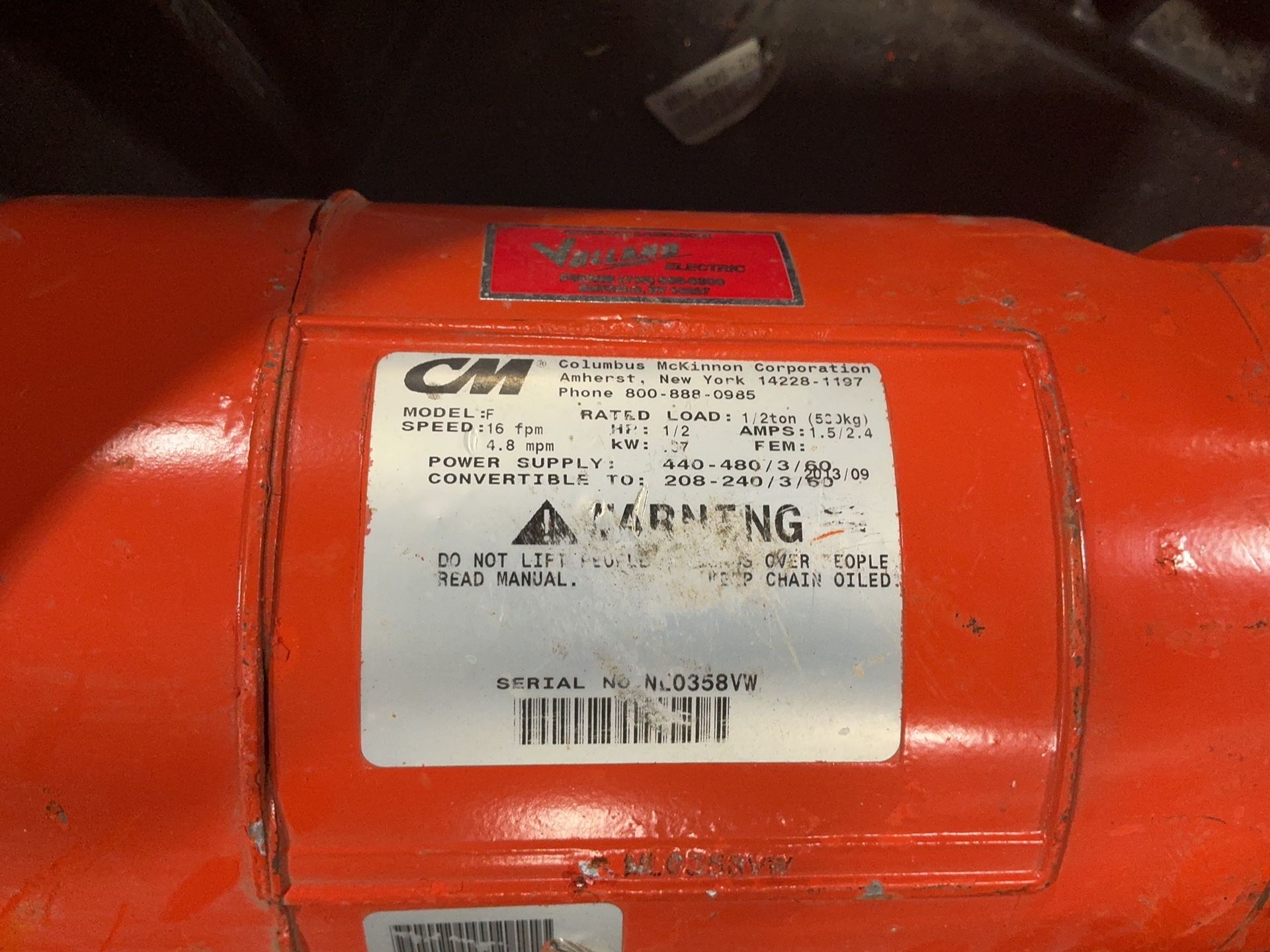 1/2 Ton, CM #F, hoist, 1/2 HP, 16 FPM, 440-480 V., 2013