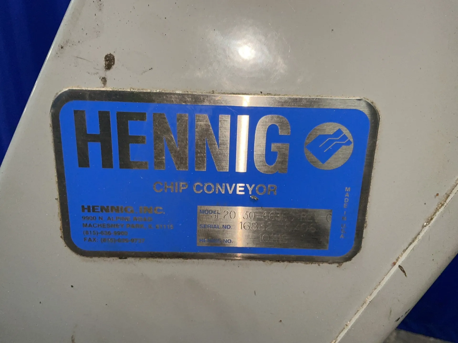 5" Hennig #SL20-30-66366, chip conveyor, 52" incline, 98" x 5"