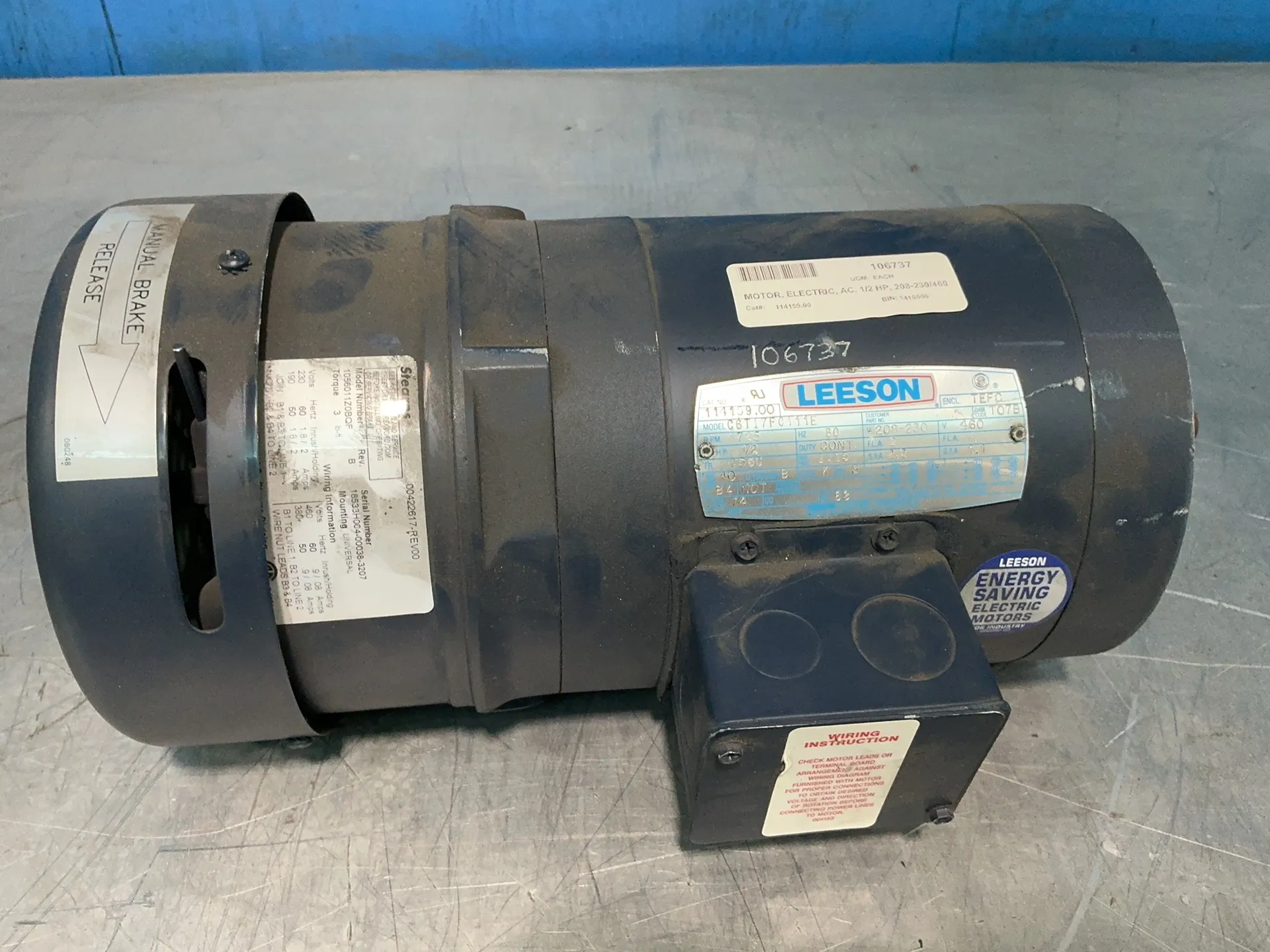 0.5 HP 1725 RPM Leeson #C6T17FC111E, Frame C56C, w/ Stearns brake, 2/1 Amps, 3 phase, 208-230/460 Volts