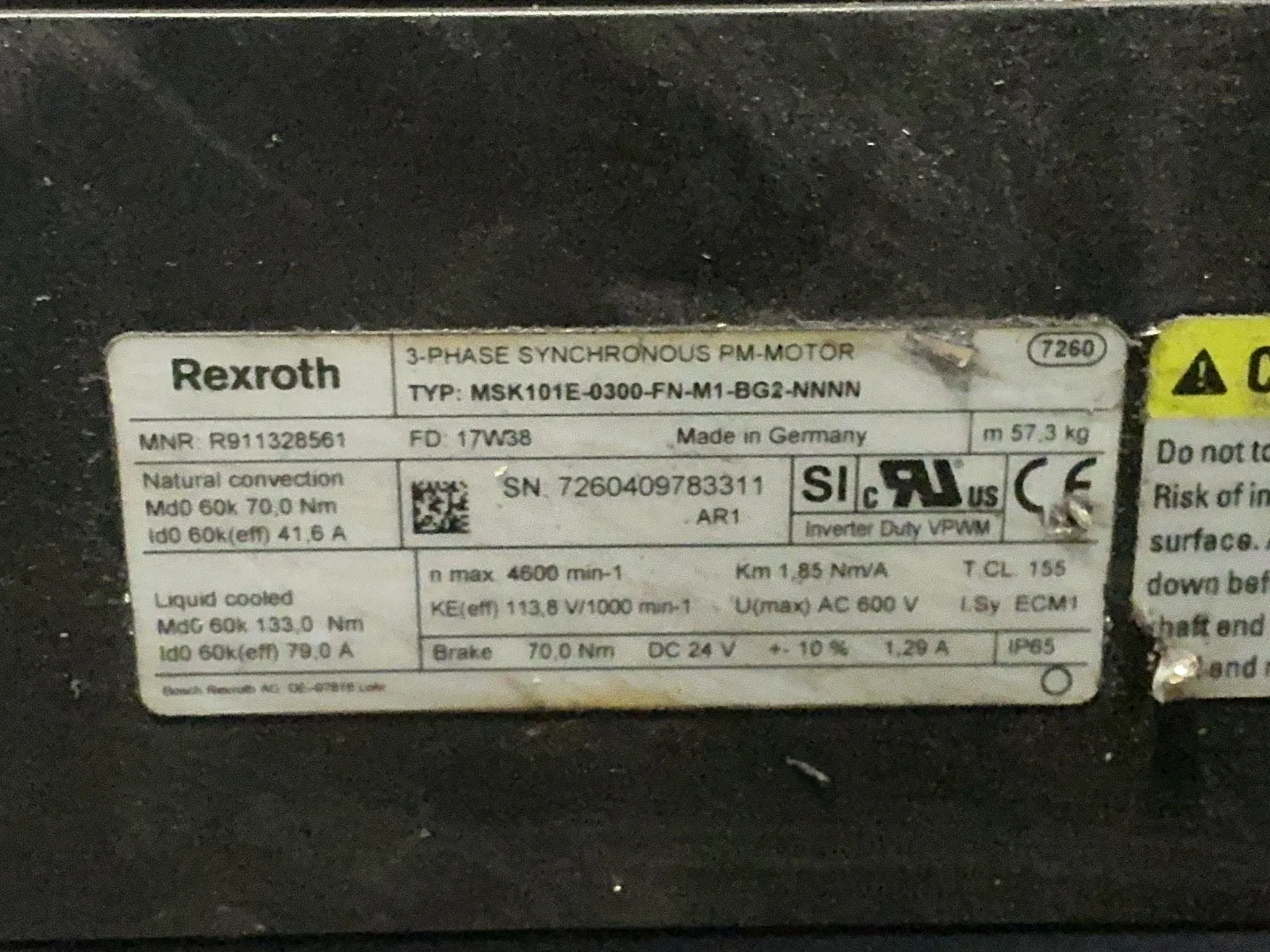 Rexroth #MSK101E-0300-FN-M1-BG2-NNNN, Servo Motor, 4600 RPM, 600 Volts (2 available)