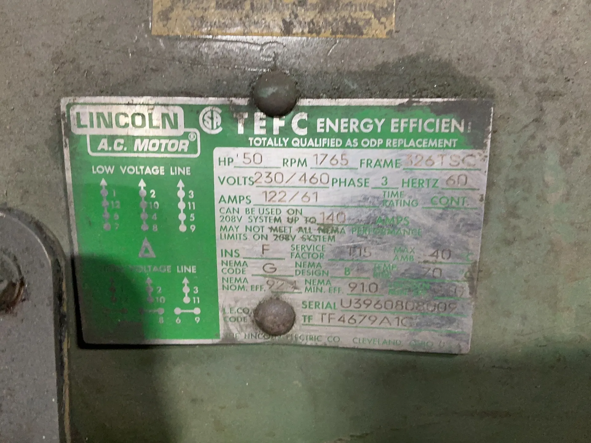 50 HP 1765 RPM Lincoln Electric #TF4679A1C, Frame 326TSC, TEFC, energy efficient, 122/61 Amps, 3 phase, 60