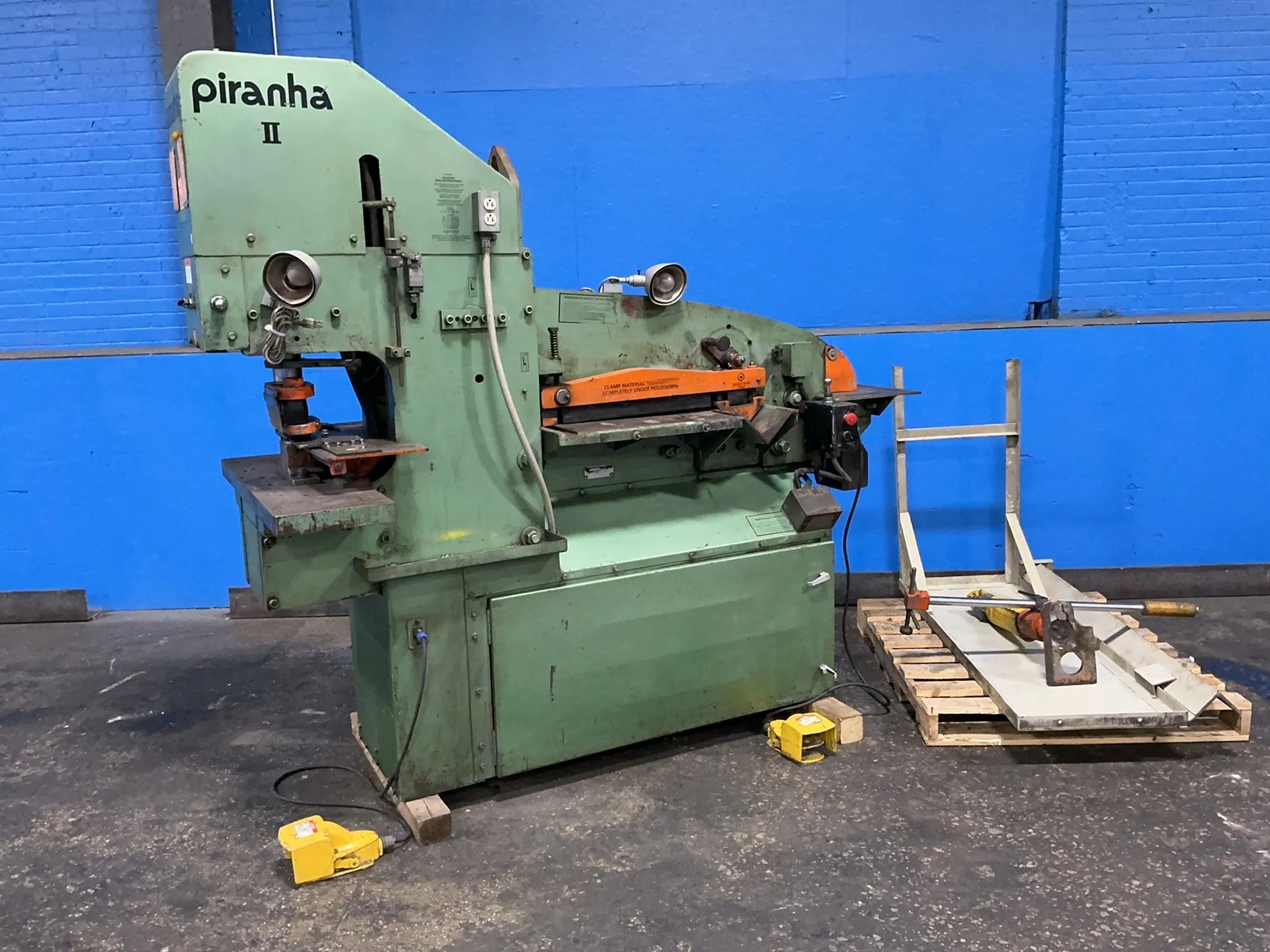 5" x 5" x 3/8" Piranha #PII65, ironworker, 65 ton, punch, shear, coper/notcher, foot pedal, 10 HP, 1725 RPM