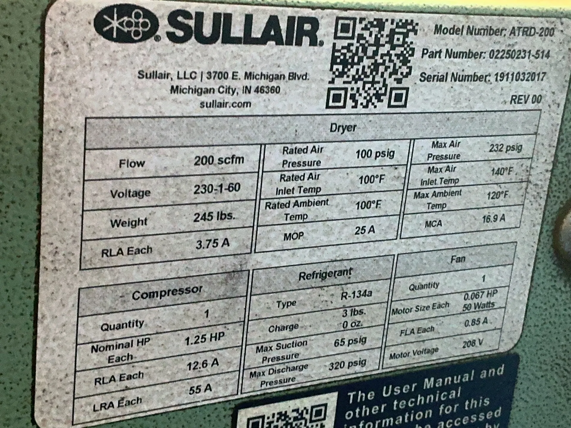 200 scfm, Sullair #ATRD-200, air dryer, R-134A, 1.25 HP, 230 V., 1 phase
