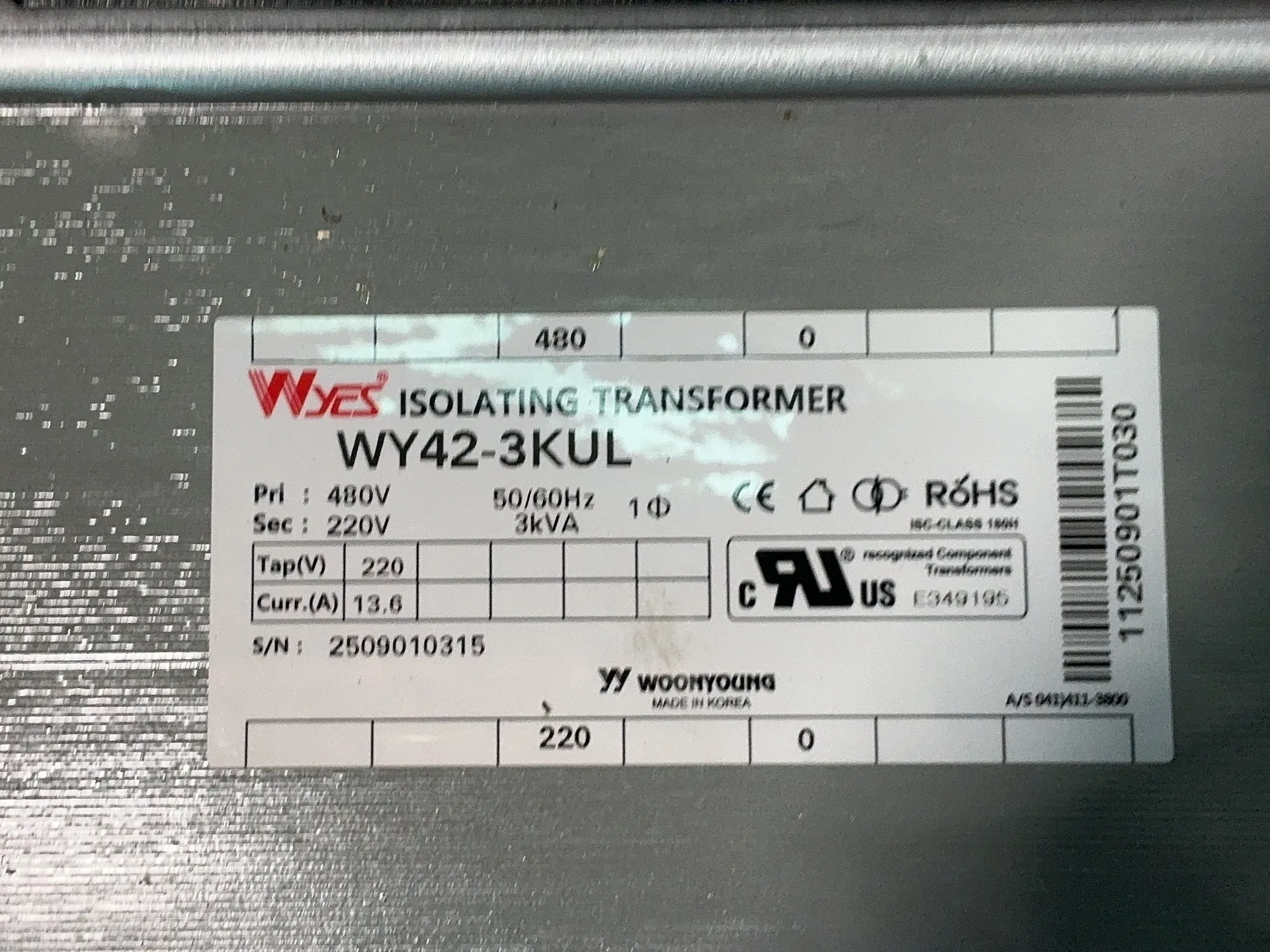 3 KVA 480 Primary, 220 Secondary, Wyes WY42-3KUL, isolating transformer, 1PH (5 available)