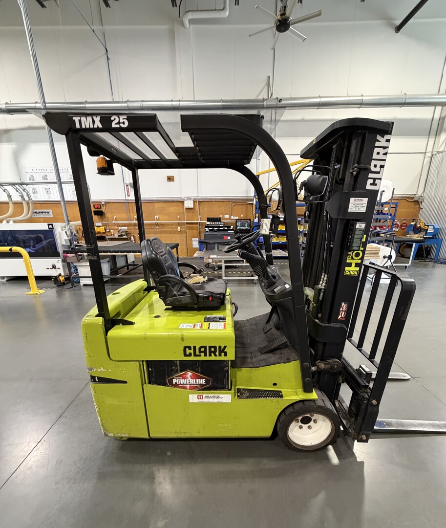 5,000 lb. Clark #TMX25, Electric Forklift, 188" lift height, 83" lowered mast, 3-stage mast, cushion tires