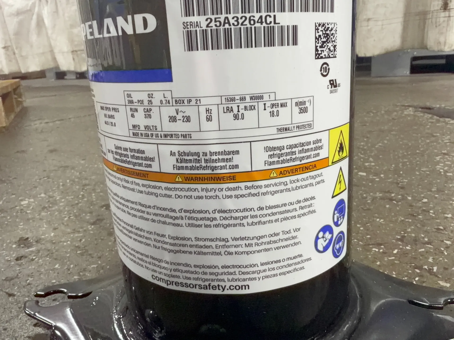 Copeland #YAS30K1E-PFV-ASE, compressor, 208-230 V., 3500 RPM (32 available)