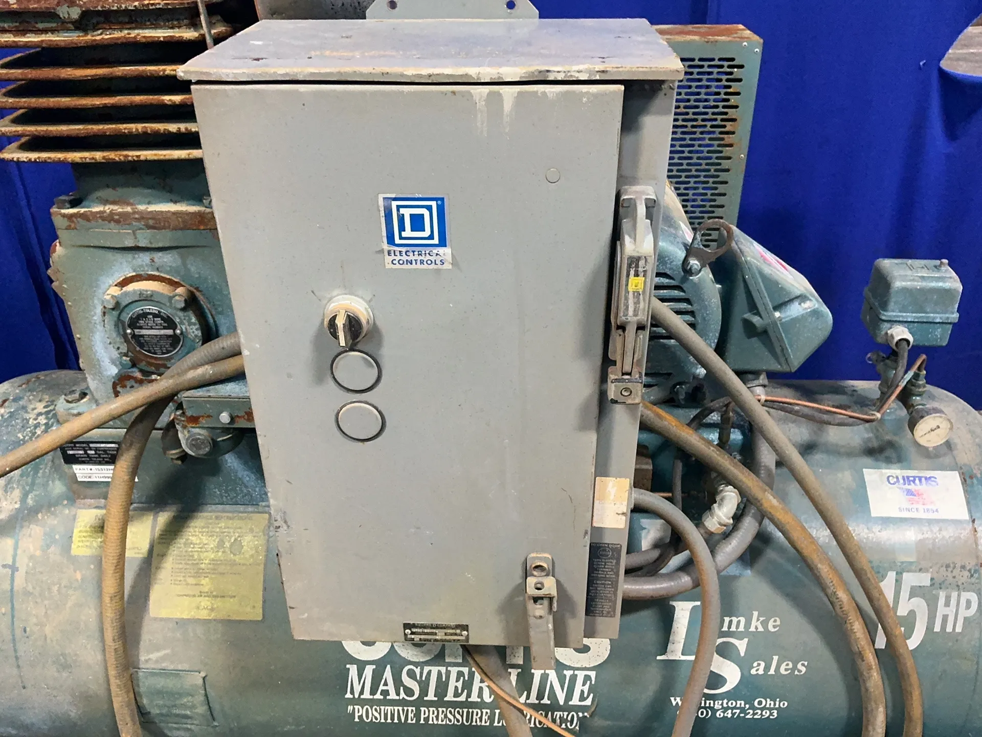 15 HP Curtis #CV89D123S3N, air compressor, tank mounted, 120 gallon, 230/460 V., 3 phase
