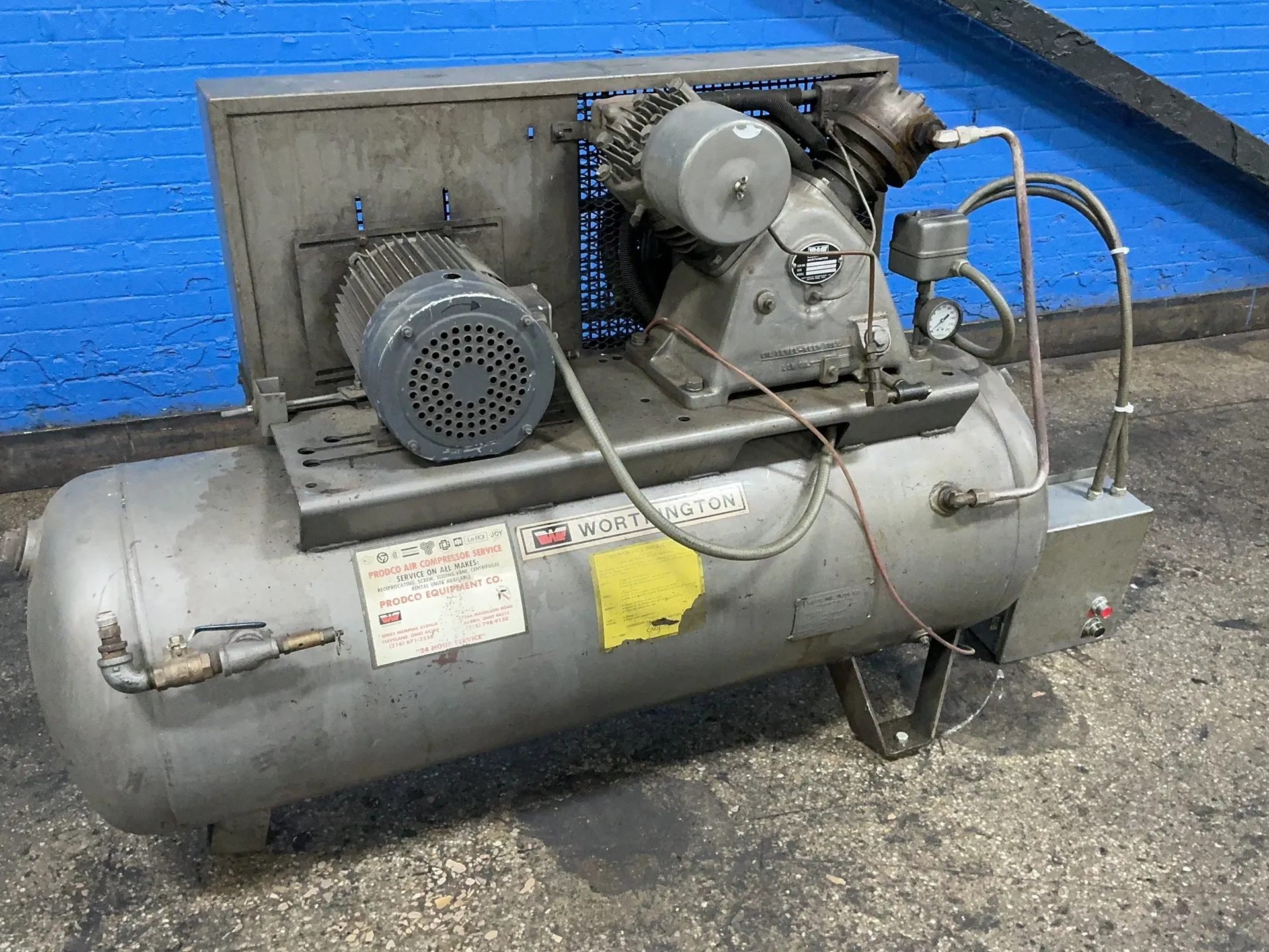 5 HP Worthington, air compressor, tank mounted, 98 gallon, 200 psi, 1745 RPM, 230/460 V., 3 phase