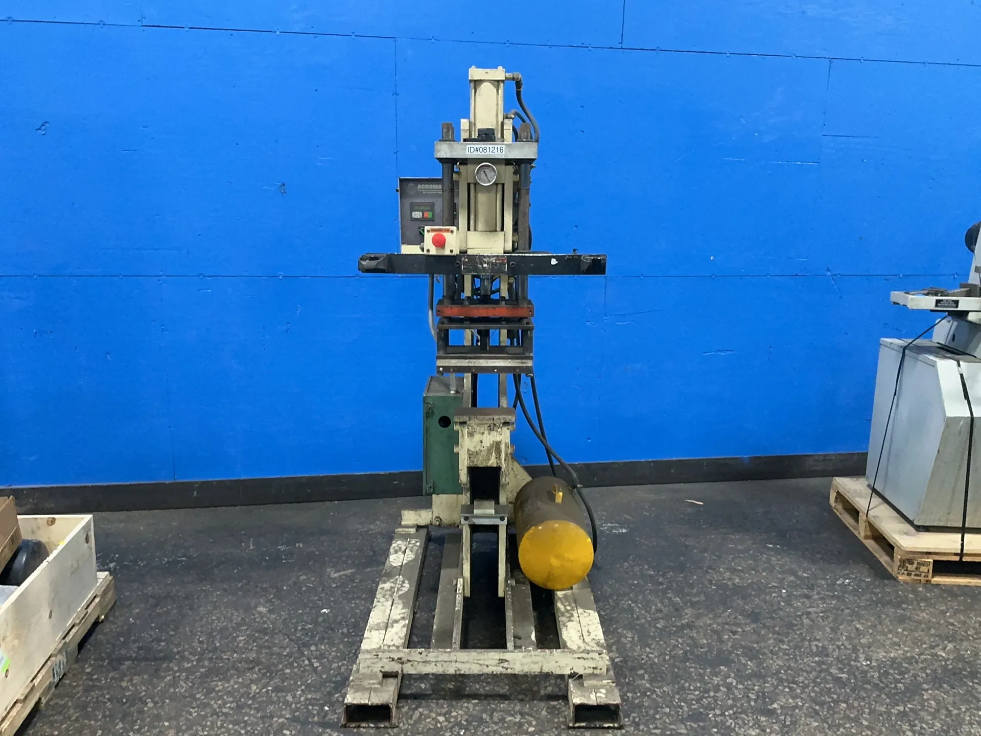Acromark #830SP-10, hot stamp press, 3000 psi, 11 gallon portable air tank, digital displays, 480 V.