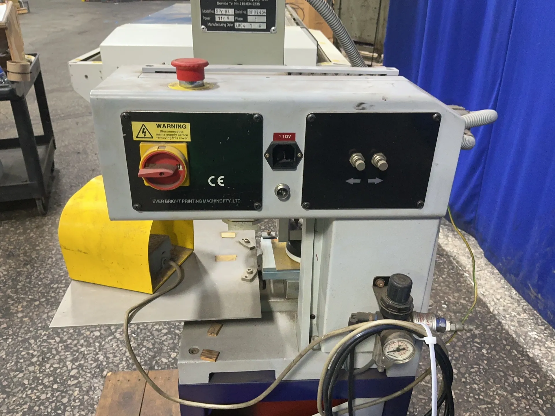 All American #SPC84, pad printing machine, 3.25" diameter stamper, 12" x 12" table, foot switch, tool box