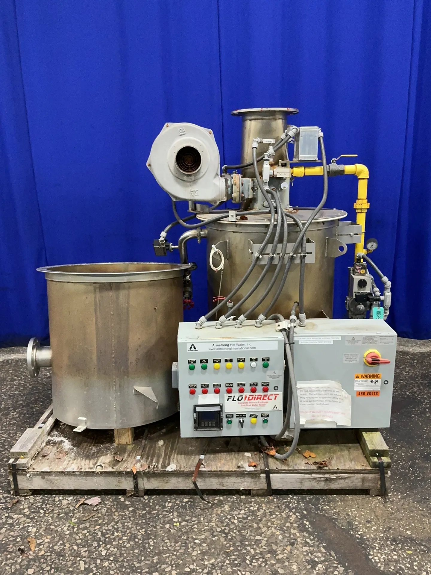 Armstrong #FLO-DIRECT, water heater, 2000000 BTU/hr., (2) tanks, digital display, 3 HP, 3500 RPM, 480 V., 3