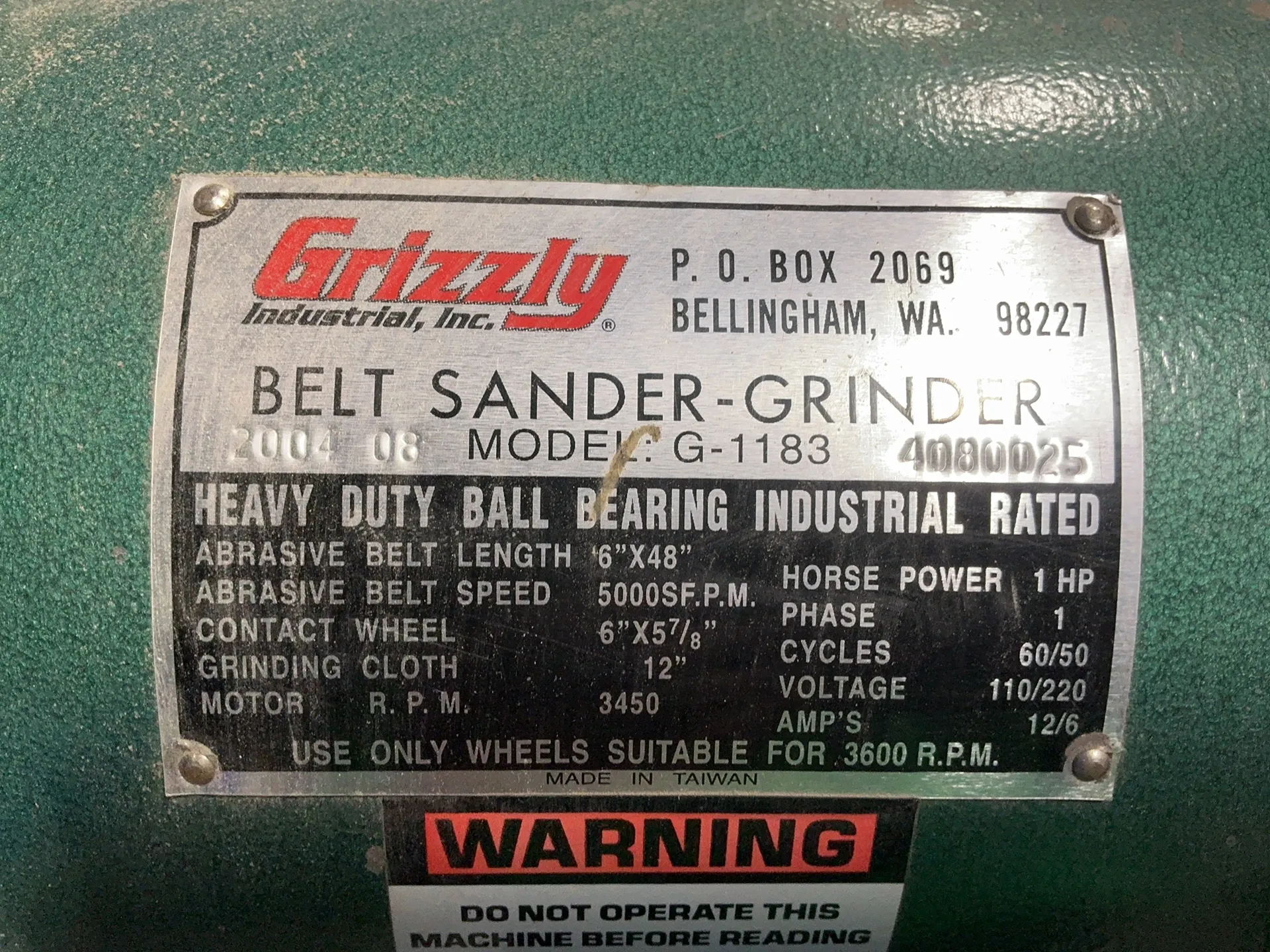 6" / 12" Grizzly #G-1183, belt/disc sander-grinder, 5000 SFPM, 1 HP, 3450 RPM, 2004