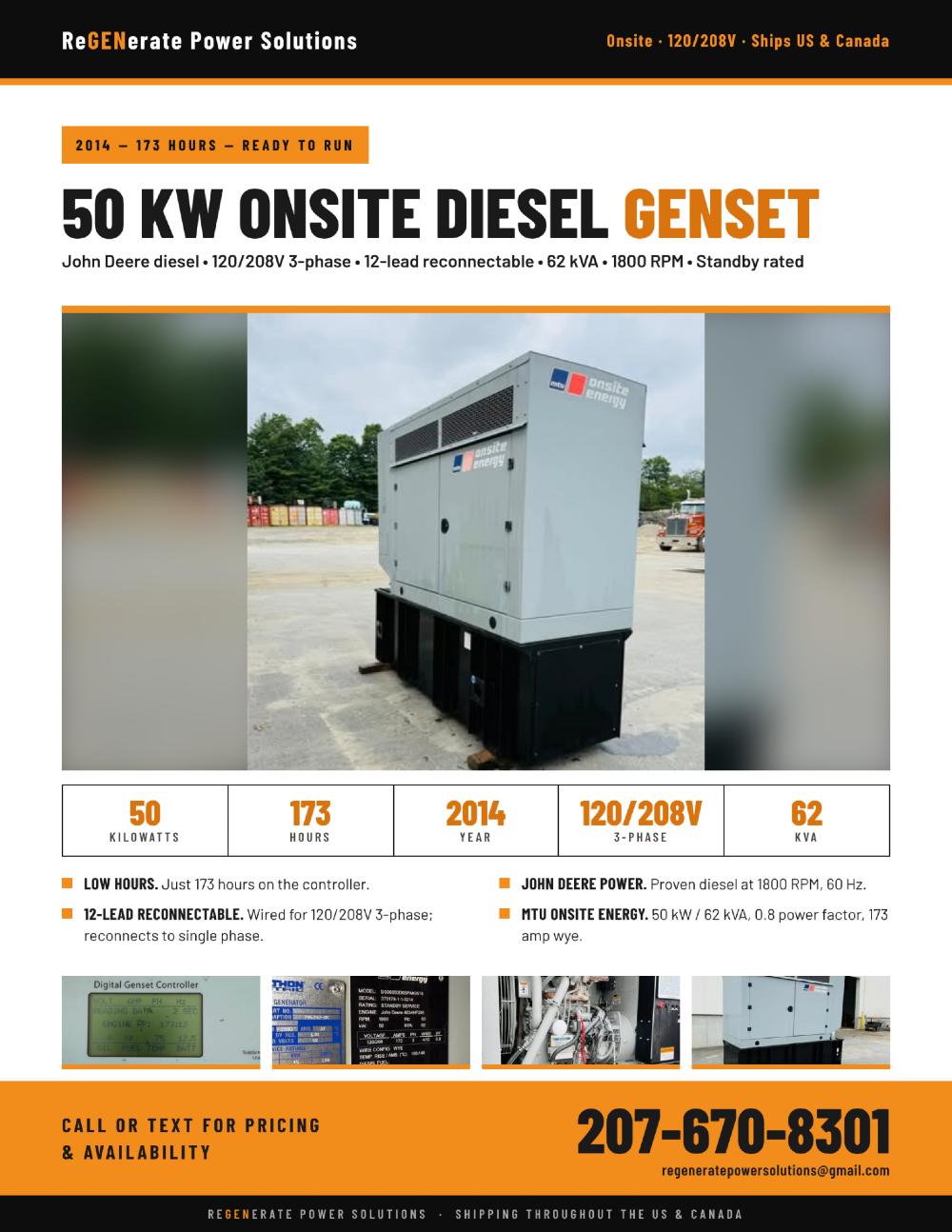 50 KW Mtu Onsite Energy, diesel generator set, standby, 62 KVA, 120/208 Volts, 3 phase, 60 Hz., 1800 RPM
