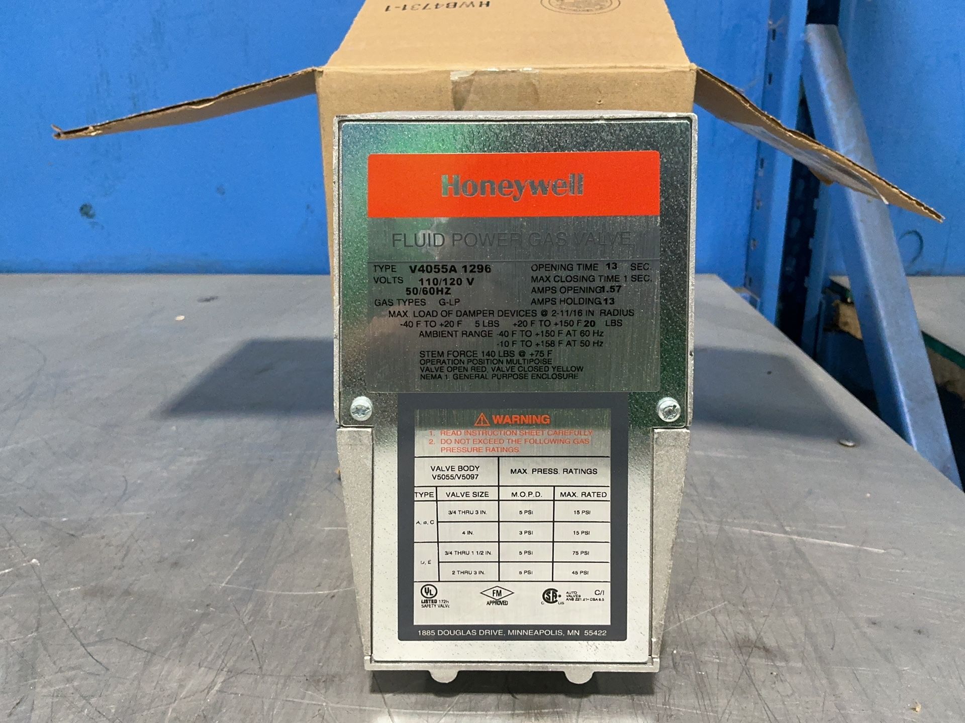 Honeywell #V4055A-1296, Fluid Power Gas Valve, 75 psi, 110/120 Volts