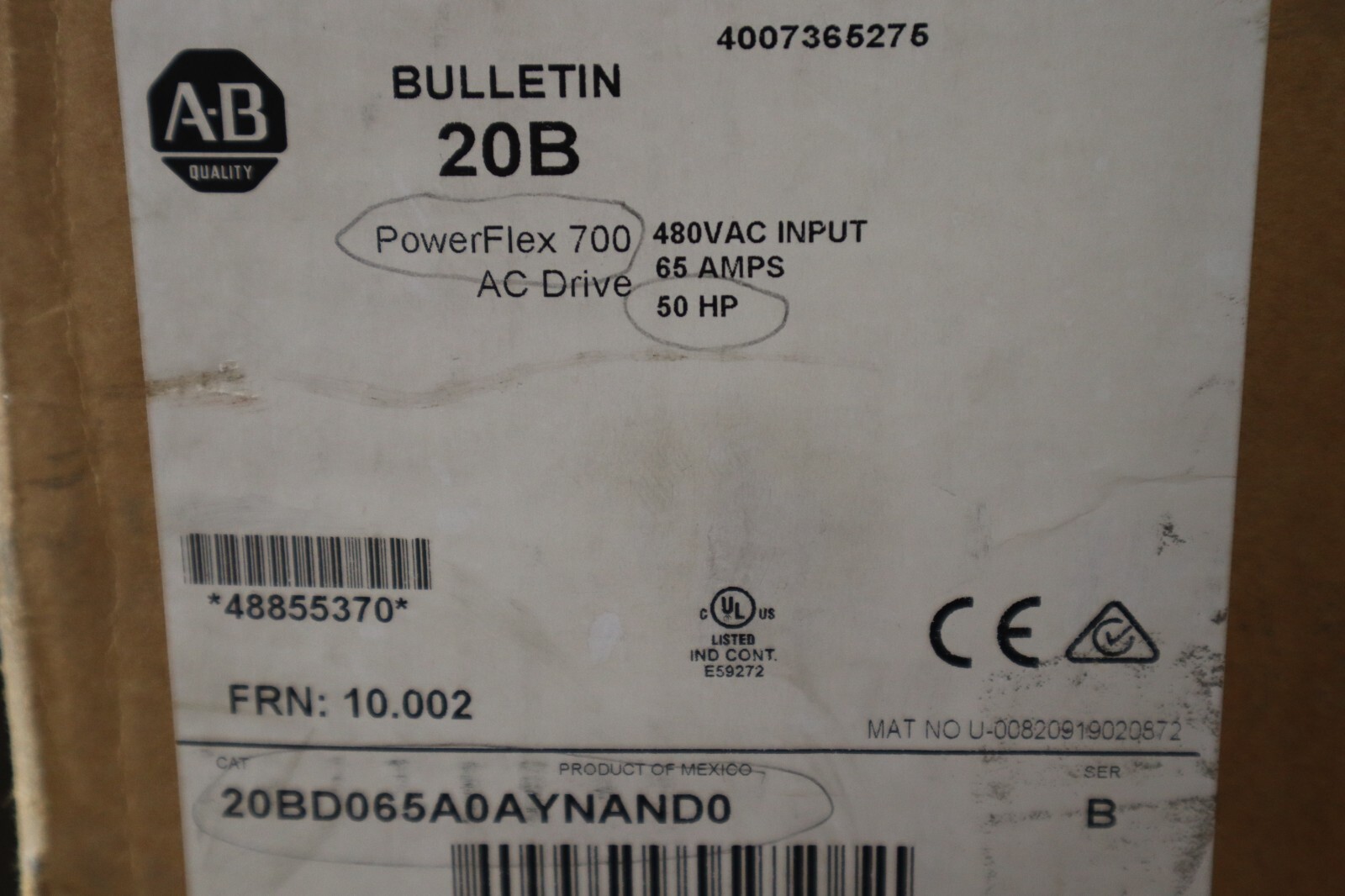 50 HP Allen-Bradley #20BD065A0AYNAND0, PowerFlex 700 VFD, 480 Volts, NEW