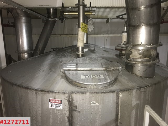 5980 galón silo, 7' 6" x 18', acero inoxidable 316, 800 cu.ft., cono de 45°, desmotonador de 3 ejes