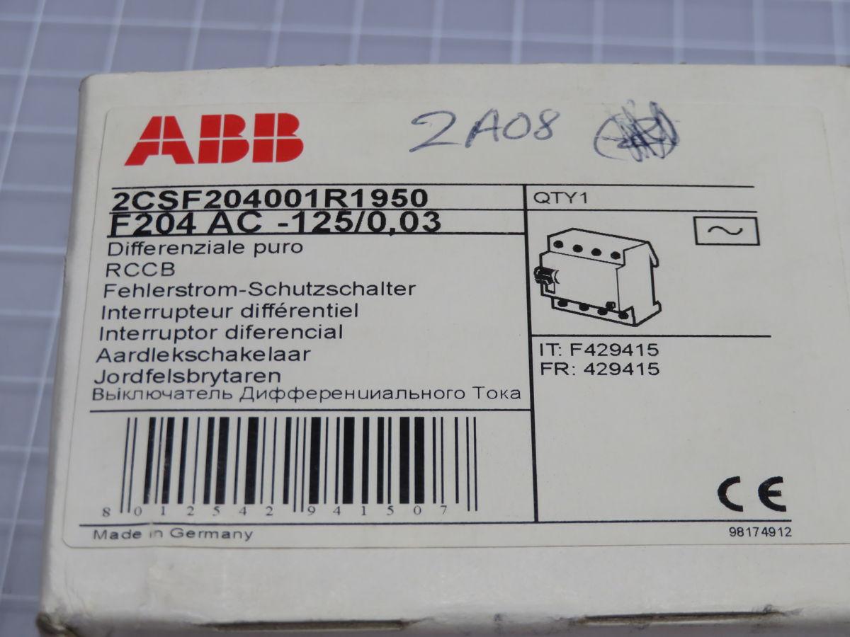 125 Amp, ABB #F204, residual current circuit breaker, 30 mA, 4 Pole, 2CSF204001R1950