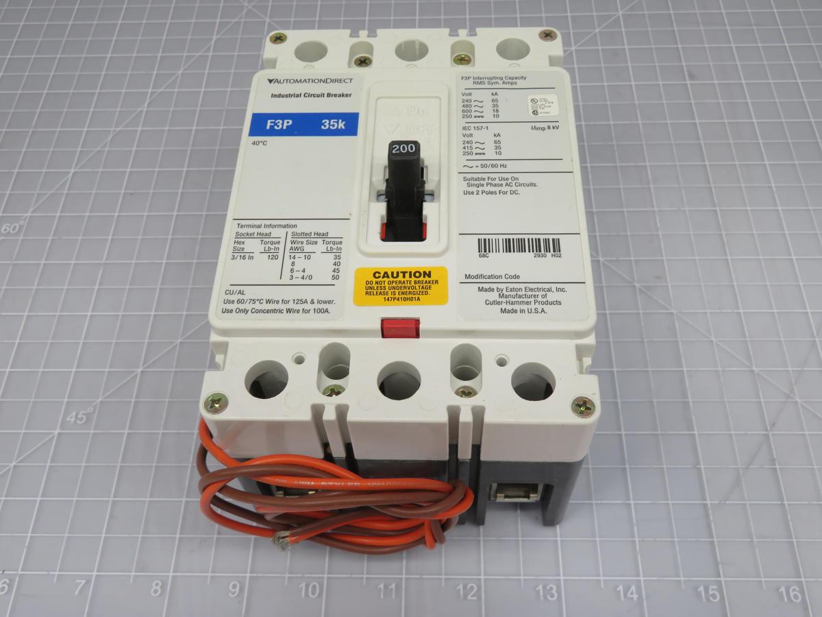 200 Amp, AutomationDirect #F3P-200-UVAC, molded case circuit breaker, 225 Amp frame, 3 Pole, 600 Volts AC/250