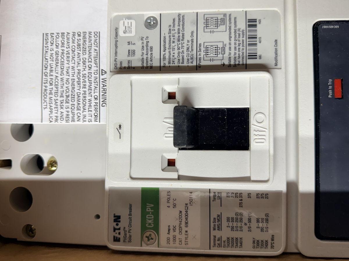 200 Amp, Eaton #CKDPV4200W, CKD-PV solar PV guard circuit breaker, K frame, 4 Pole, 1000 Volts DC