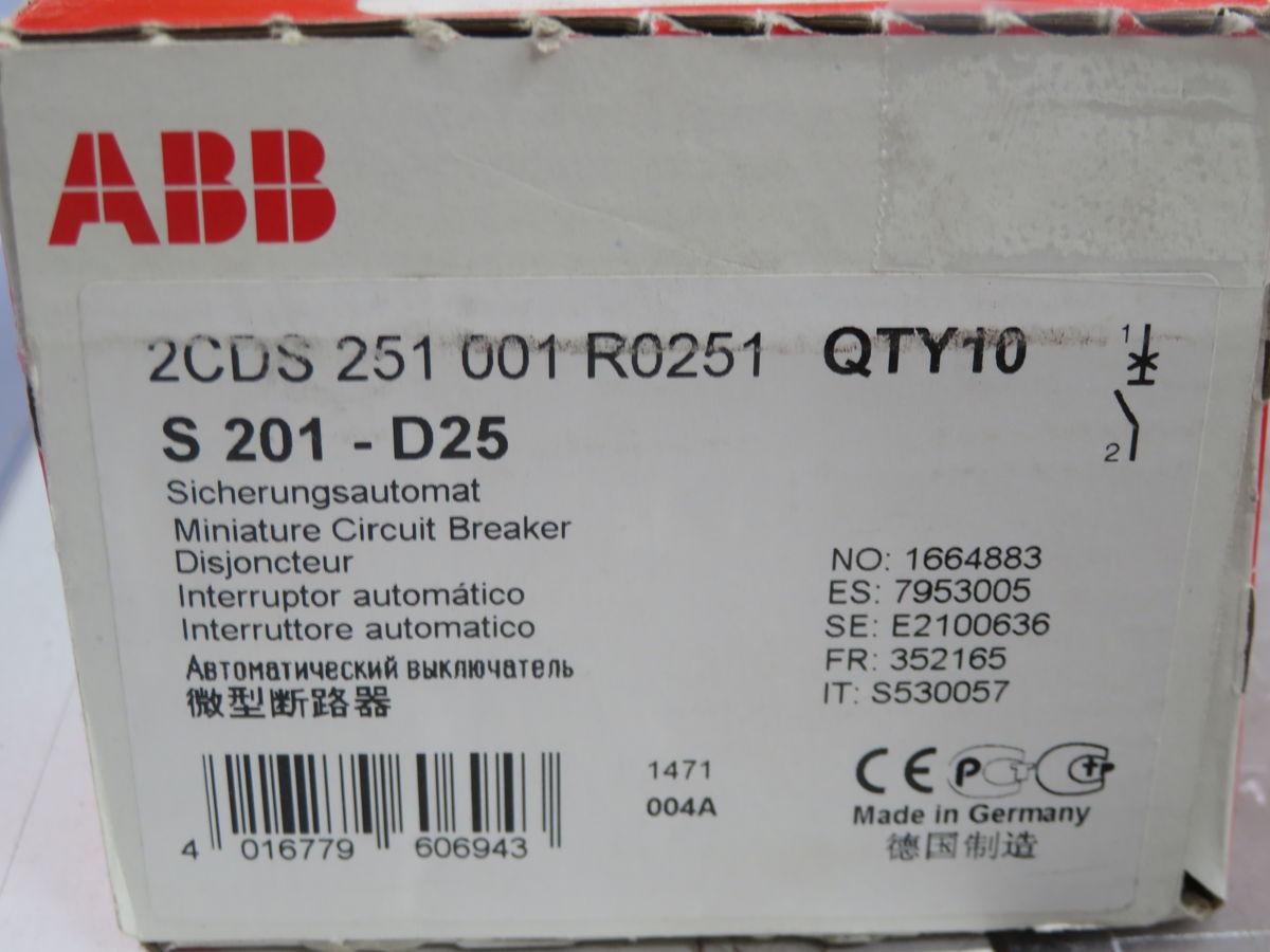 25 Amp, ABB #S201-D25, circuit breaker, 1 Pole, type D, 6 KA, 480Y/277 Volts, 2CDS251001R0251, LOT of 10
