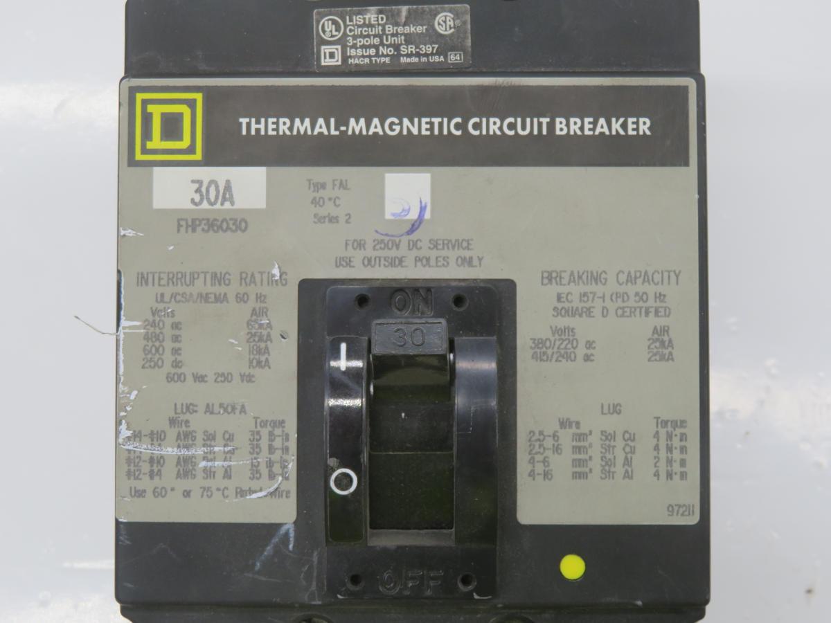 30 Amp, Square D #FHP36030, molded case circuit breaker, 100 Amp frame, high interrupting, 3 Pole, 600 Volts