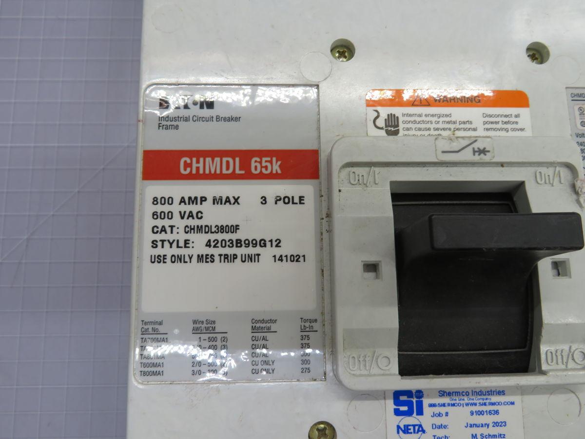 800 Amp, Eaton #CHMDL3800F, circuit breaker, LI trip, 3 Pole, 65 KAIC at 480 Volts, 600 Volts AC