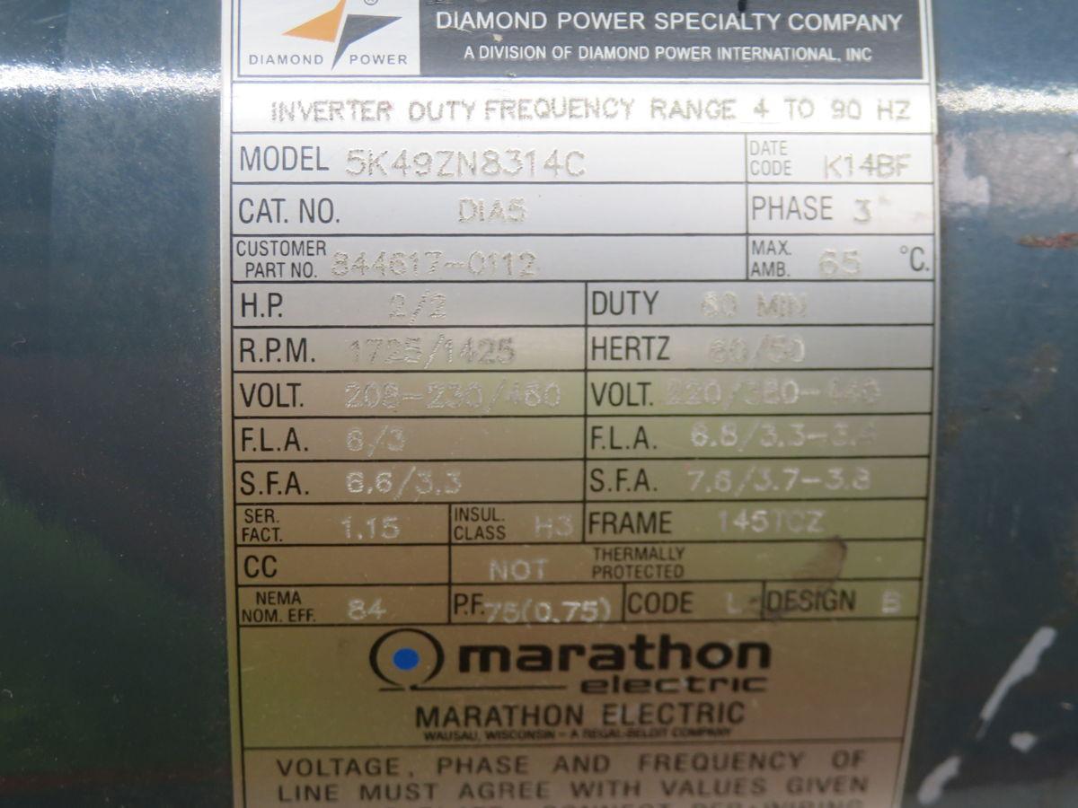 2 HP 1725 RPM Marathon #5K49ZN8314C, Frame 184TCZ, 3 phase, 460 Volts