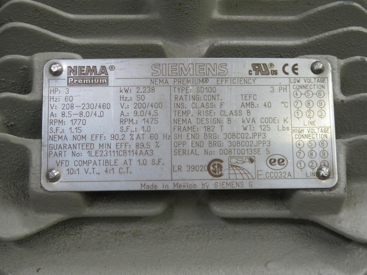 3 HP 1770 RPM Siemens #1LE23111CB114AA3, Frame 182T, TEFC, SD100 NEMA Premium motor, design B, 3 phase, 60