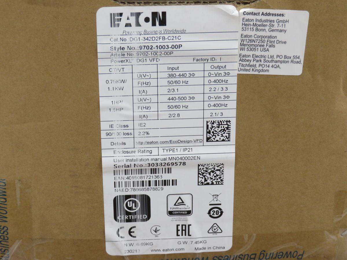 1 HP Eaton #DG1-342D2FB-C21C, DG1 series general purpose drive, 0.75 KW, 2.2 Amp, 380-500 Volts, EMC filter