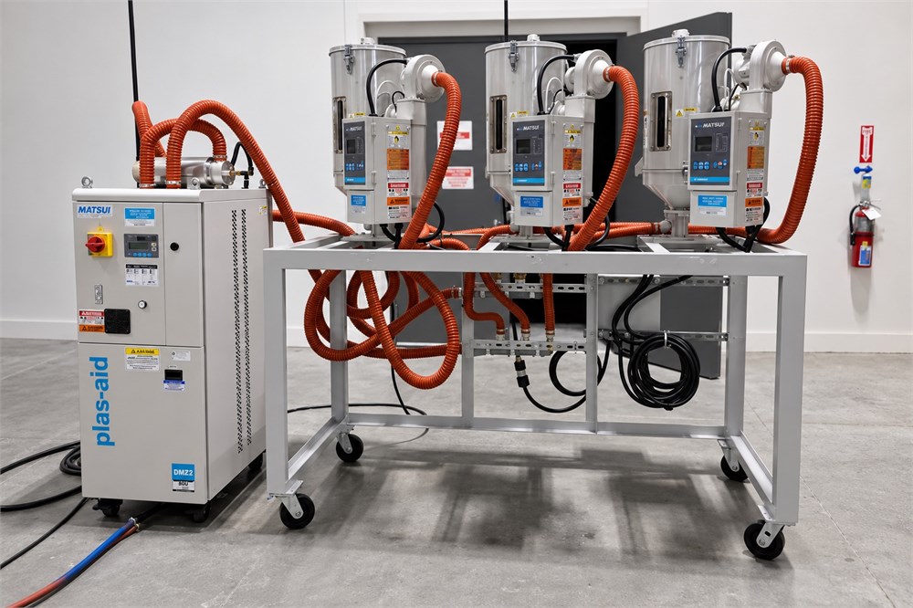 Matsui #DMZ2-80U, three hopper dehumidifying dryer system, w/ Matsui HD2-15DH hot air dryers, 230 V., 3 Ph.