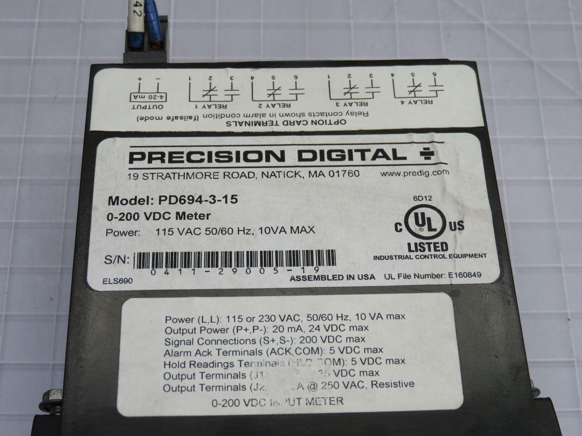 Precision Digital #PD694-3-15, digital panel meter, 0-200 Volts DC input, 24 Volts transmitter power supply