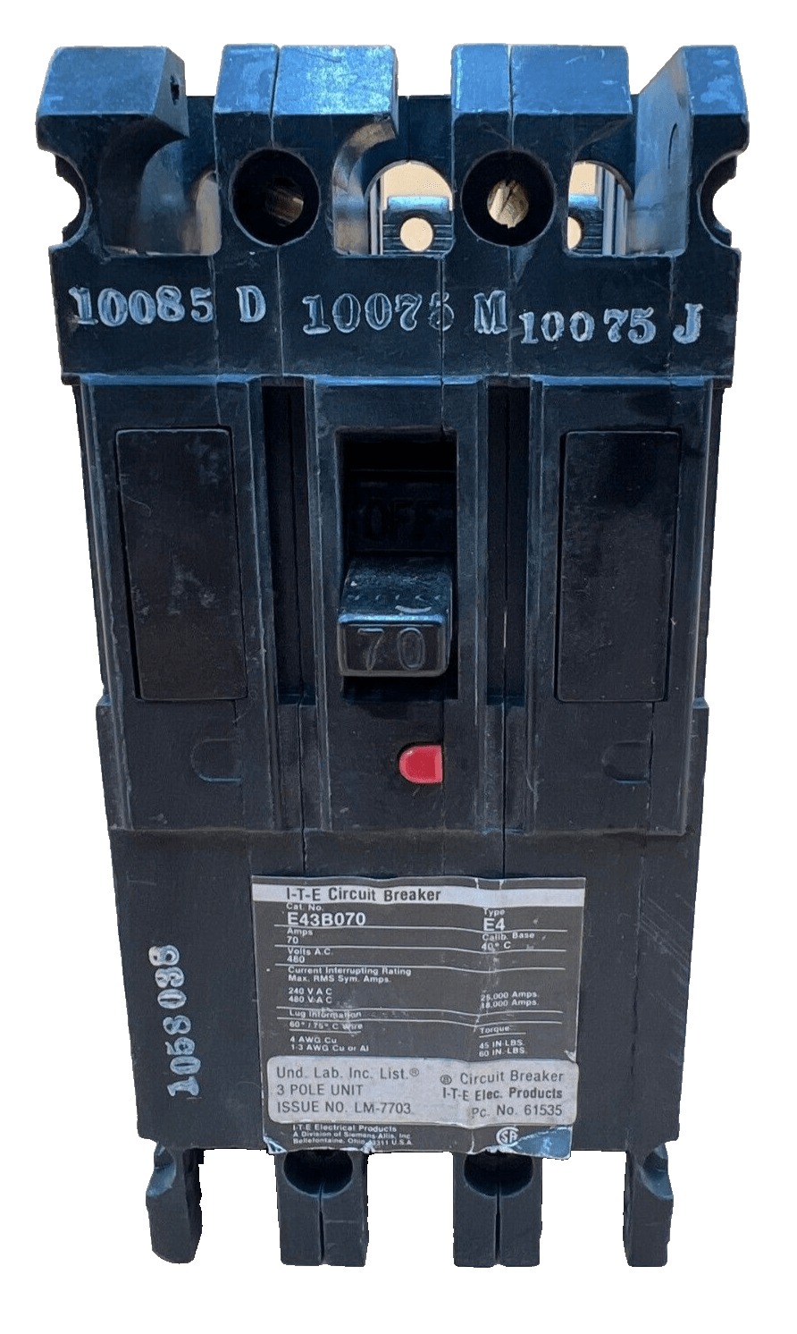 70 Amps, ITE #E43B070, Circuit Breaker, 3-Pole, 480 Volts, Bolt-On