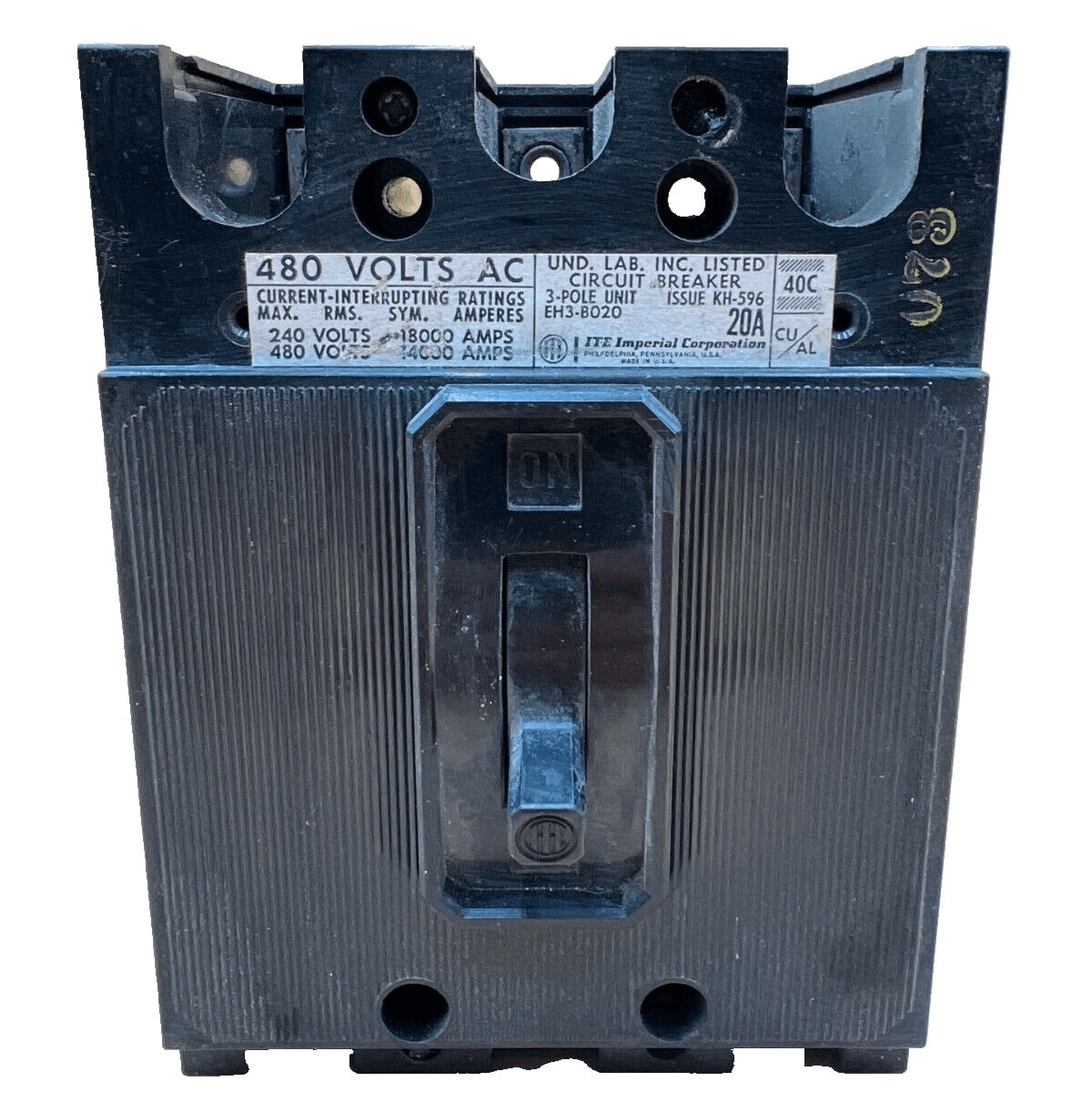 20 Amps, ITE #EH3-B020, Circuit Breaker, 3-Pole, 480 Volts, Bolt-On