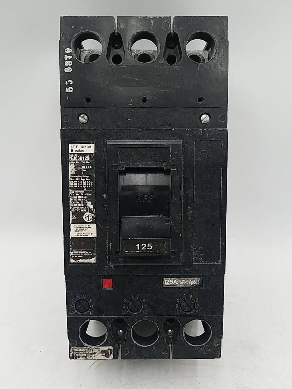 125 Amps, ITE #FJ63B125, Circuit Breaker, 3-Pole, 600 Volts, Bolt-On