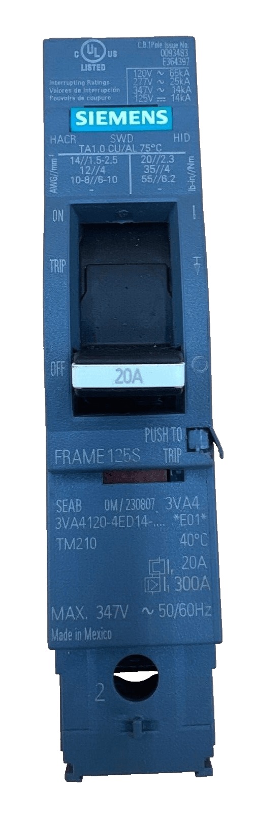 20 Amps, Siemens #3VA4120-4ED14-0AA0, Circuit Breaker, 1-Pole, 480 Volts, Bolt-On