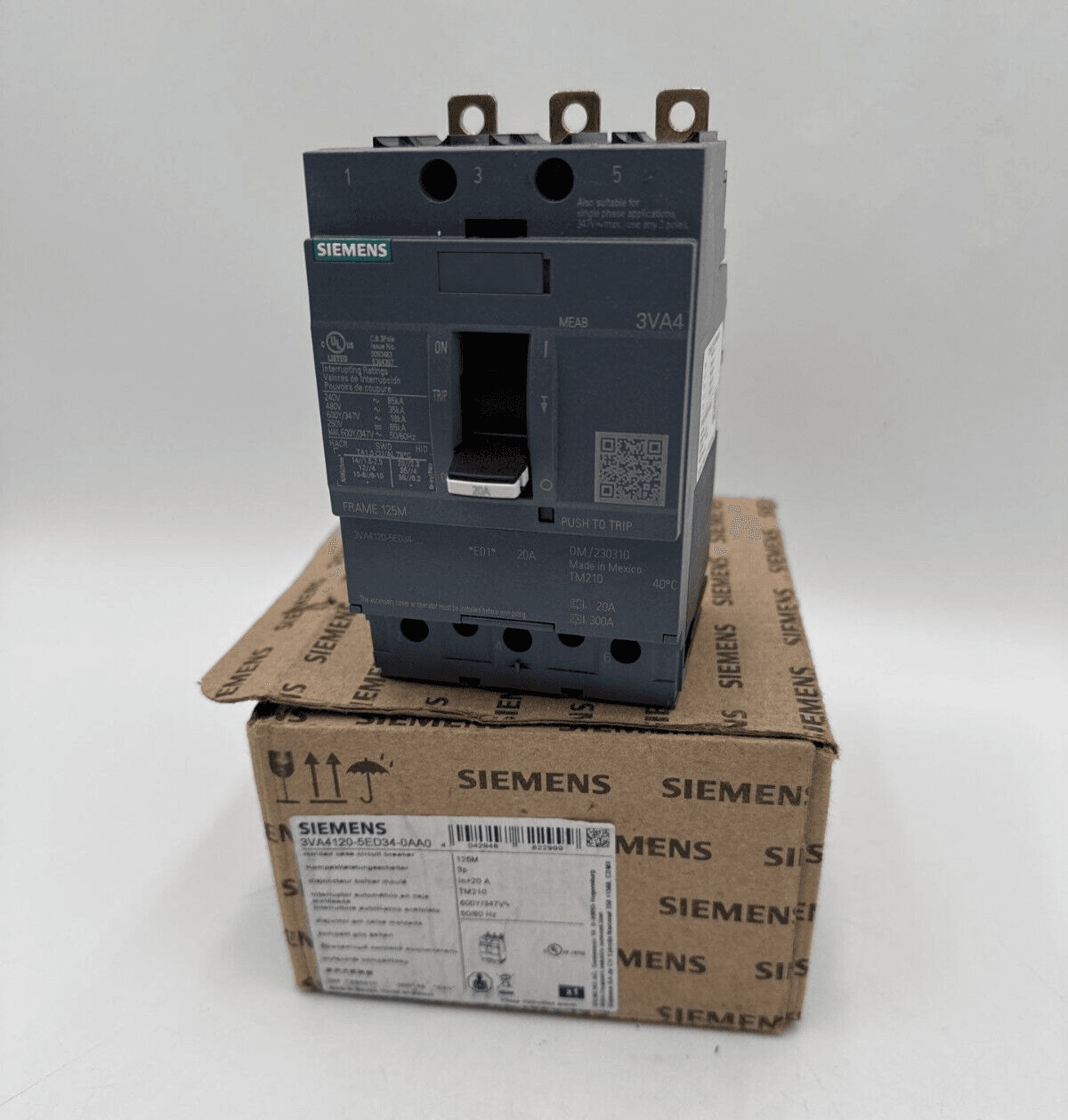 20 Amps, Siemens #3VA4120-5ED34-0AA0, Circuit Breaker, 3-Pole, 600 Volts, Bolt-On, NEW